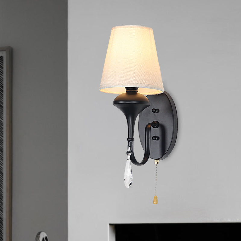 Farmhouse Conical Wall Mount Light 1 Bulb Fabric Crystal Drop Wall Lighting Idea with Pull Chain in Black Clearhalo 'Wall Lamps & Sconces' 'Wall Lights' Lighting' 1616979