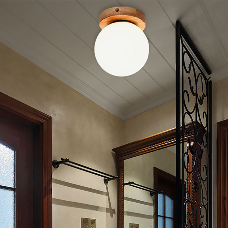 One Light Globe Flush Mount Ceiling Light Nordic Wooden Milky Glass Lighting Fixture Clearhalo 'Ceiling Lights' 'Close To Ceiling Lights' 'Close to ceiling' 'Flush mount' Lighting' 162407