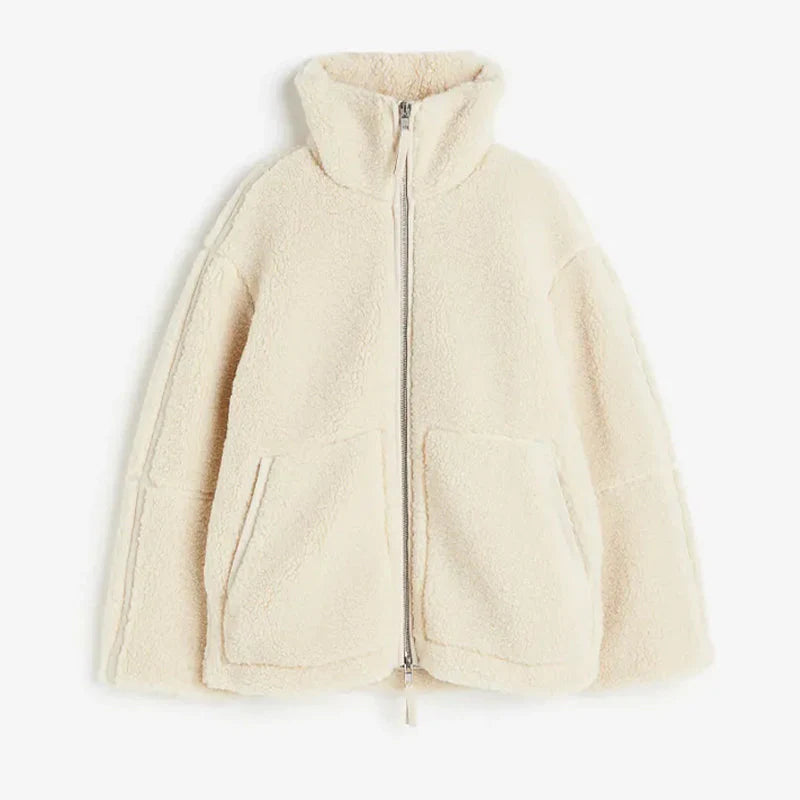 Women’s Oversized Wool Jacket | Fleece Warmth & Stand-Up Collar | Zipper Closure | Comfortable Fit for Winter