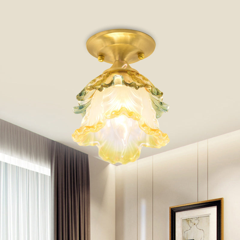 1-Head Taavita Ruffle Glass Flower Ceiling Lamp Retro Style Semi Flush Mount Lighting for Hallway