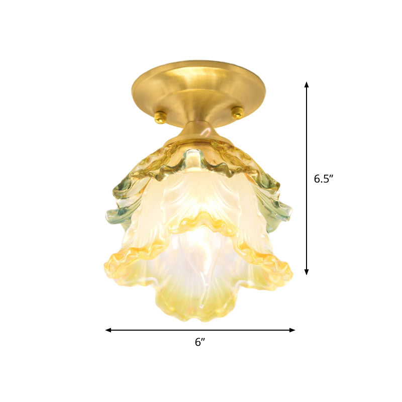 1-Head Taavita Ruffle Glass Flower Ceiling Lamp Retro Style Semi Flush Mount Lighting for Hallway