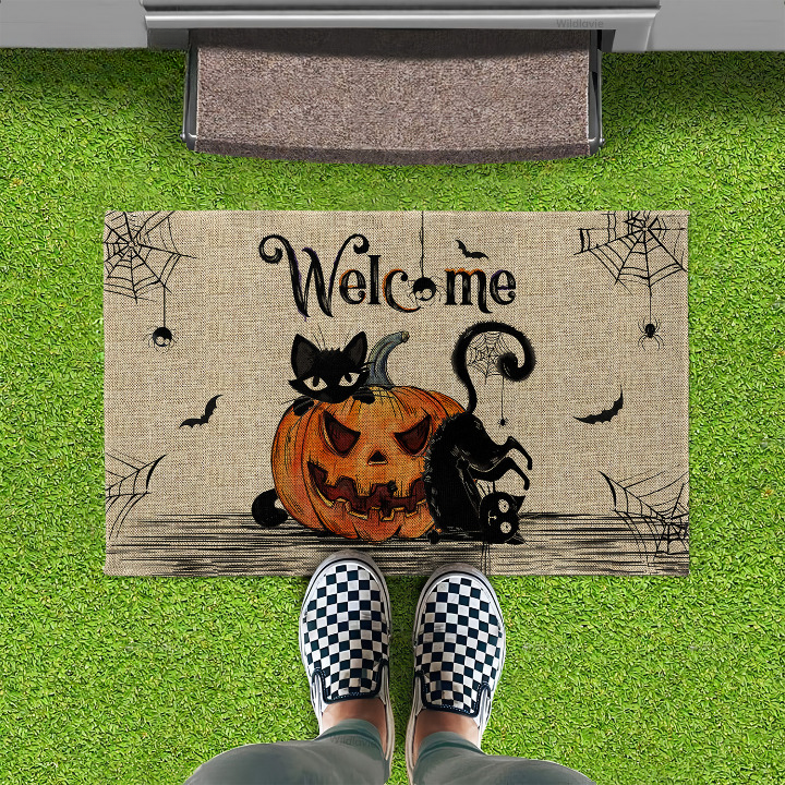 Halloween Welcome Doormat – Outdoor Rug with Pumpkin & Cat Design – Farmhouse Style Front Door Mat for Porch, RV, or Fall Décor