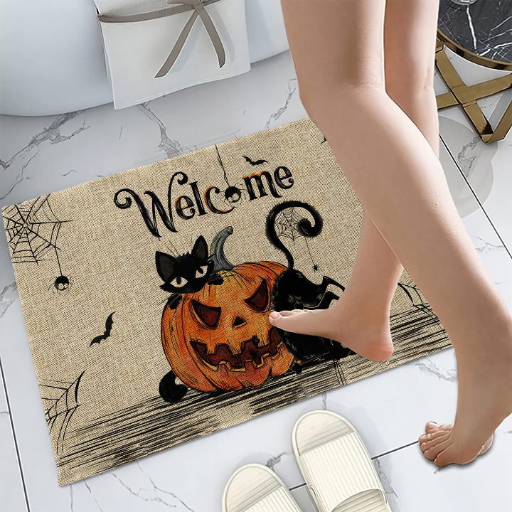 Halloween Welcome Doormat – Outdoor Rug with Pumpkin & Cat Design – Farmhouse Style Front Door Mat for Porch, RV, or Fall Décor