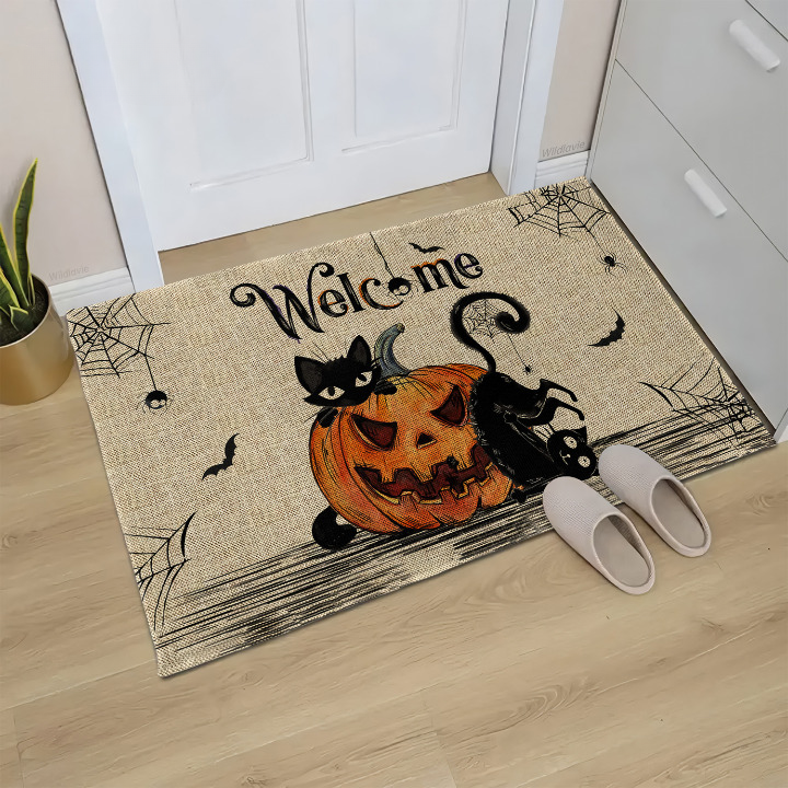 Halloween Welcome Doormat – Outdoor Rug with Pumpkin & Cat Design – Farmhouse Style Front Door Mat for Porch, RV, or Fall Décor