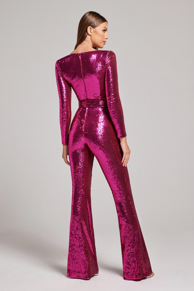 Women’s Sequin Jumpsuit | Belted Wide-Leg Design | Polyester Fabric | Elegant Evening Wear