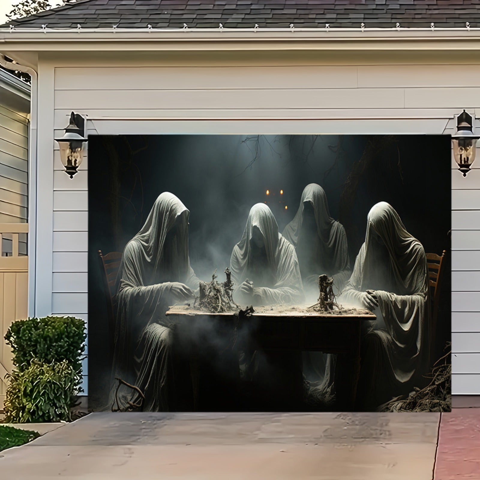 Large Halloween Vinyl Banner with Ghosts and Haunted Castle Decor