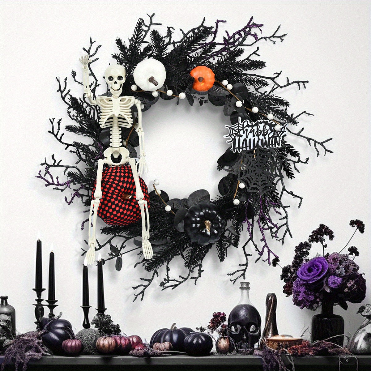 Halloween Skeleton Garland Wall Hanging Decoration Plastic Spooky Wreath