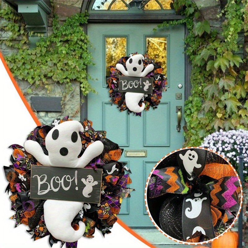 Halloween Felt Ghost Door Wreath Battery-Free Spooky Wall Decor