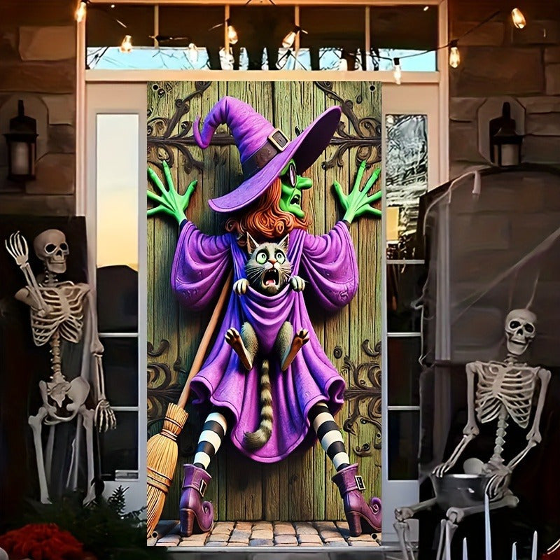 Halloween Door Curtain with Witch and Black Cat Design – Durable Polyester Decor