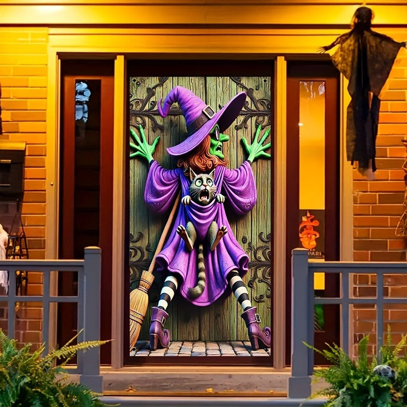 Halloween Door Curtain with Witch and Black Cat Design – Durable Polyester Decor