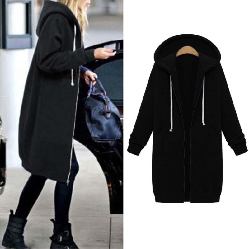 Longline Hooded Sweatshirt Coat | Zipper & Pockets | Polyester Fabric | Winter Warmth