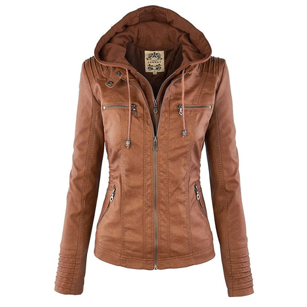Women’s Weatherproof Leather Jacket | Detachable Hood & Zip Closure | Durable Polyester Fiber | Comfortable Fit