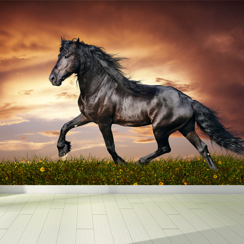 Horse Mural Wallpaper Dark Color Modern Style Wall Covering for Boys Room, Custom Size Green Clearhalo 'Wall Decor' 'Wall Mural' 1757582