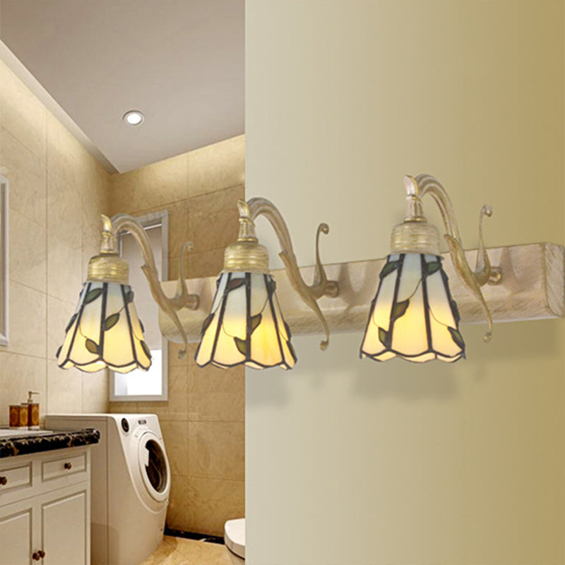 3 Heads Leaf Vanity Light Rustic Loft Stained Glass Makeup Mirror Light with Linear Backplate in Copper/Antique Brass/Gold Clearhalo 'Industrial' 'Middle century wall lights' 'Tiffany wall lights' 'Tiffany' 'Wall Lamps & Sconces' 'Wall Lights' Lighting' 176093