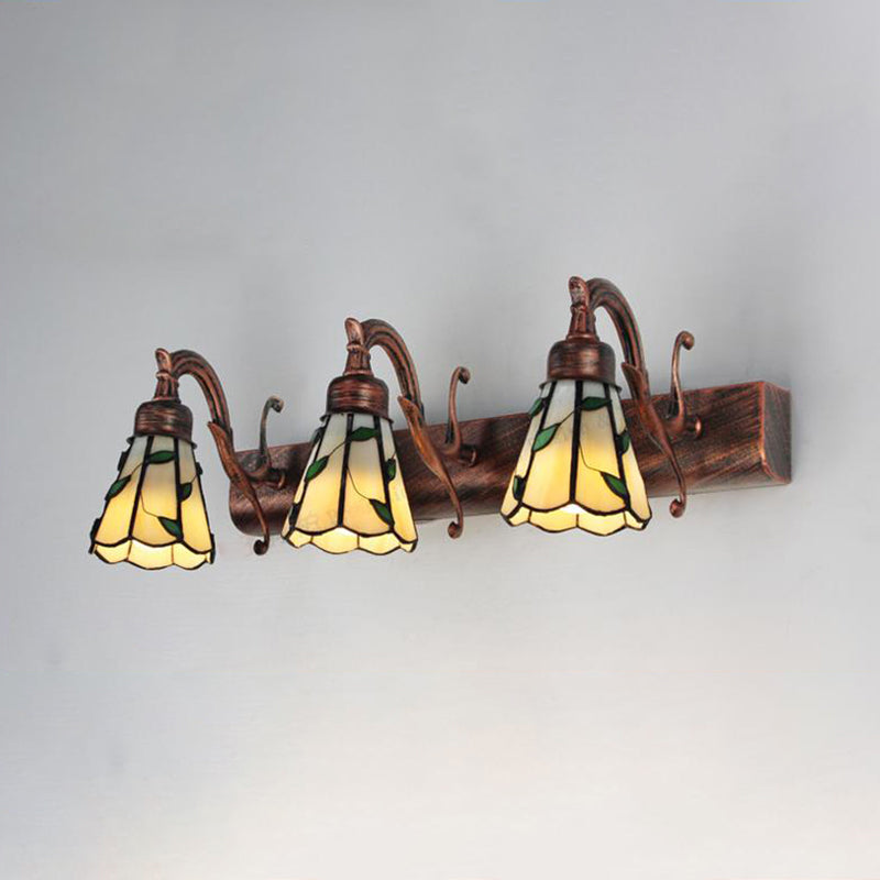 3 Heads Leaf Vanity Light with Stained Glass Makeup Mirror in Rustic Loft Style, Linear Backplate in Taavita