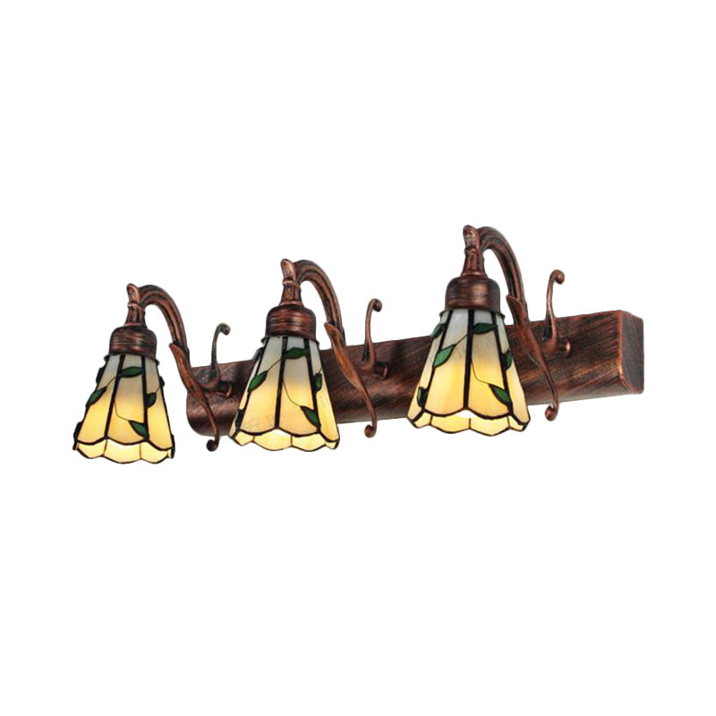 3 Heads Leaf Vanity Light with Stained Glass Makeup Mirror in Rustic Loft Style, Linear Backplate in Taavita