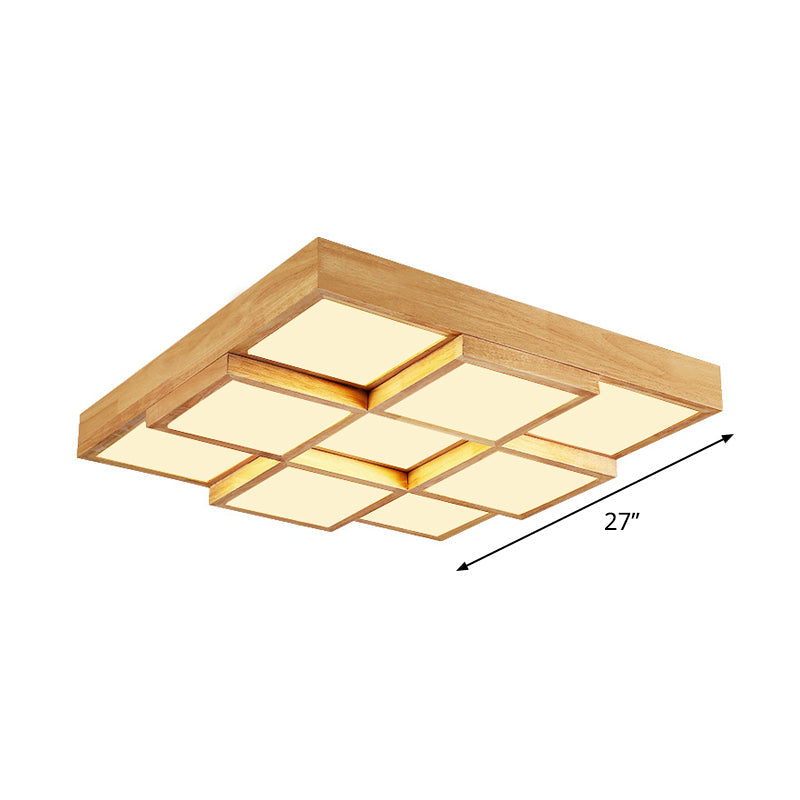 Taavita Wood Square Flush Light Modern 4/6/9 Light Wood LED Ceiling Lamp in Warm/White/Natural Light