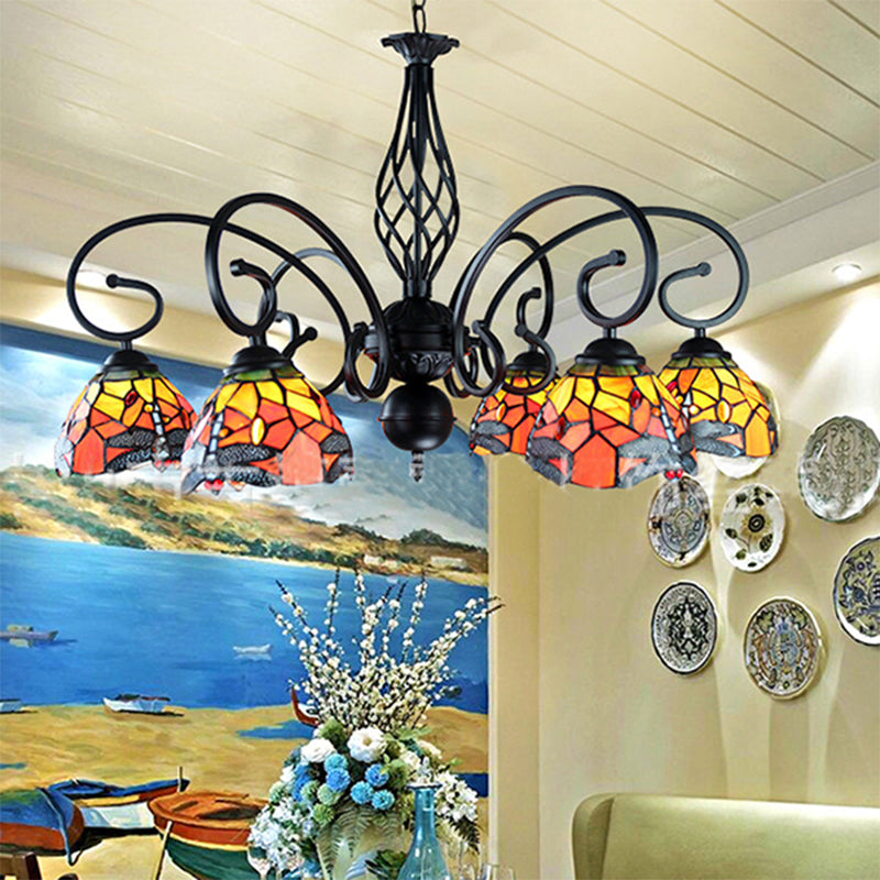 Taavita Dragonfly Ceiling Chandelier with Curved Arm and Metal Chain 6/8 Light Stained Glass Indoor Lighting