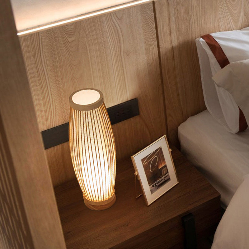 Taavita Oblong Night Table Lamp Asian Style Single Bulb Bamboo Desk Light with Fabric Shade Inner Cylinder for Bedroom