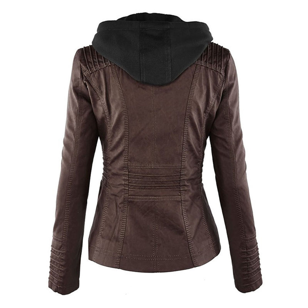 Women’s Weatherproof Leather Jacket | Detachable Hood & Zip Closure | Durable Polyester Fiber | Comfortable Fit