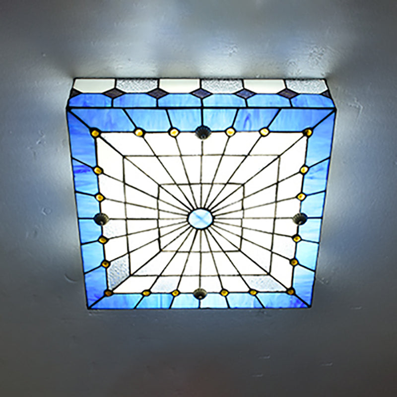 12"/16" W Blue Square Flushmount Light Fixture - Taavita Style Stained Glass 1 Light Ceiling Light for Dining Room