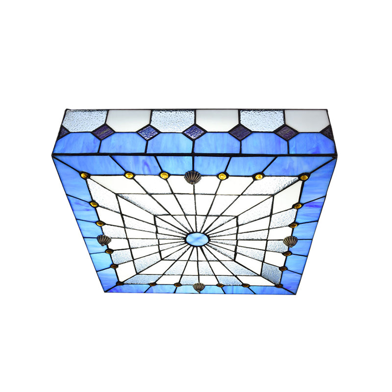 12"/16" W Blue Square Flushmount Light Fixture - Taavita Style Stained Glass 1 Light Ceiling Light for Dining Room