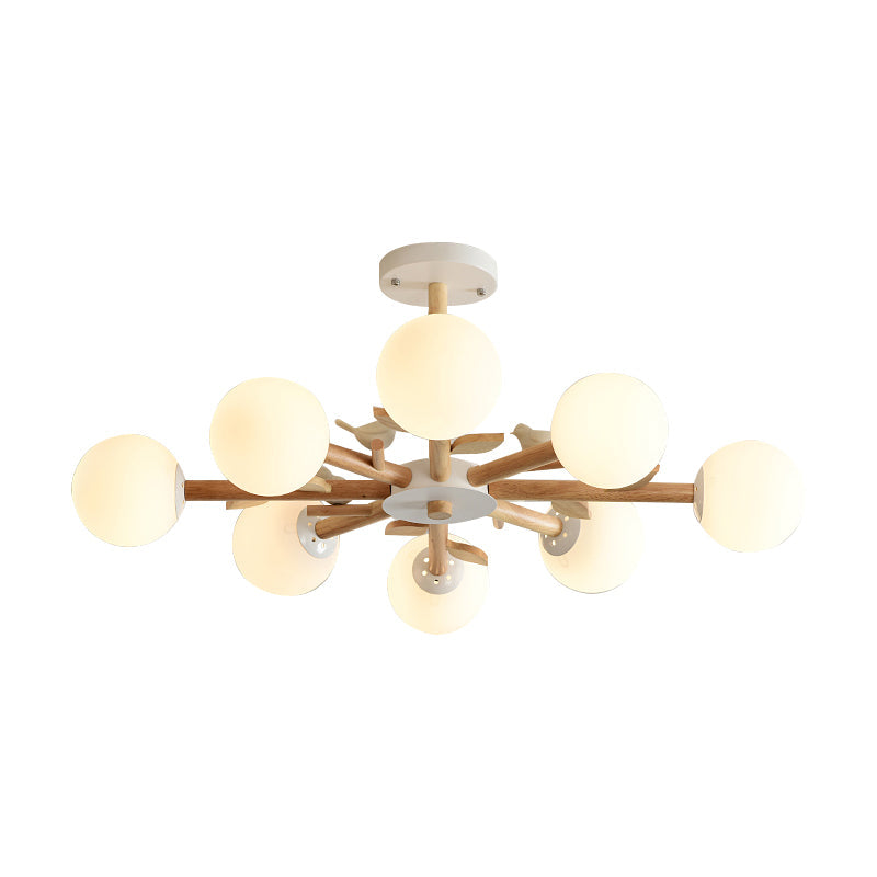 Taavita Wood Glass Orb Shade Bedroom Chandelier in White - Japanese Style Hanging Light