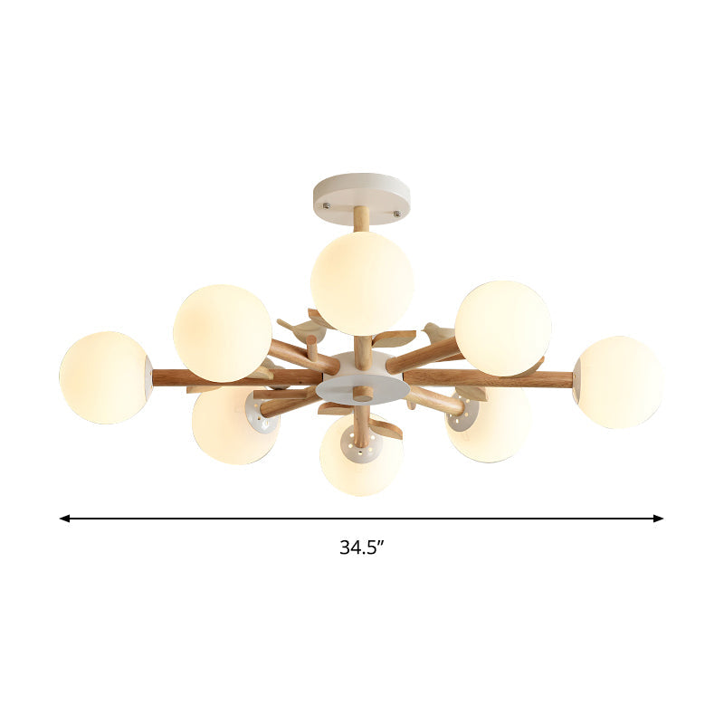 Taavita Wood Glass Orb Shade Bedroom Chandelier in White - Japanese Style Hanging Light