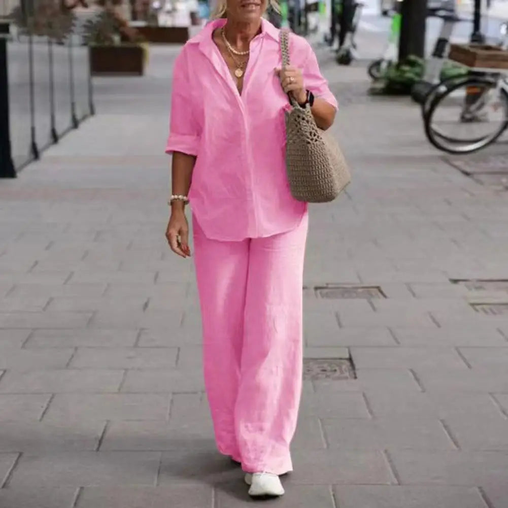 Women’s Linen Two-Piece Set | Button-Down Shirt & Wide-Leg Pants | Breathable Linen Fabric | Comfortable Fit