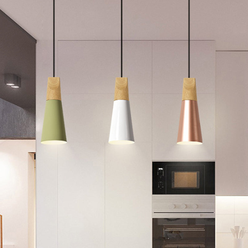 Aluminum Mini Cone Suspension Lamp Macaron Single-Bulb Hanging Pendant Light in Black/Pink/Green and Wood Clearhalo 'Ceiling Lights' 'Pendant Lights' 'Pendants' Lighting' 1910379