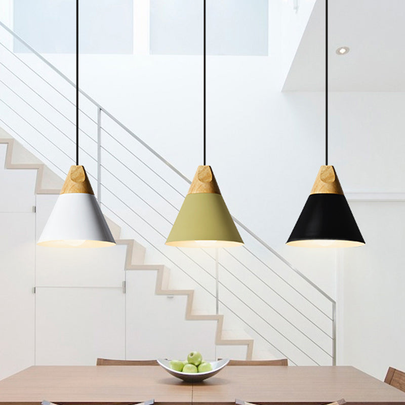 Aluminum Mini Cone Suspension Lamp Macaron Single-Bulb Hanging Pendant Light in Black/Pink/Green and Wood Clearhalo 'Ceiling Lights' 'Pendant Lights' 'Pendants' Lighting' 1910372