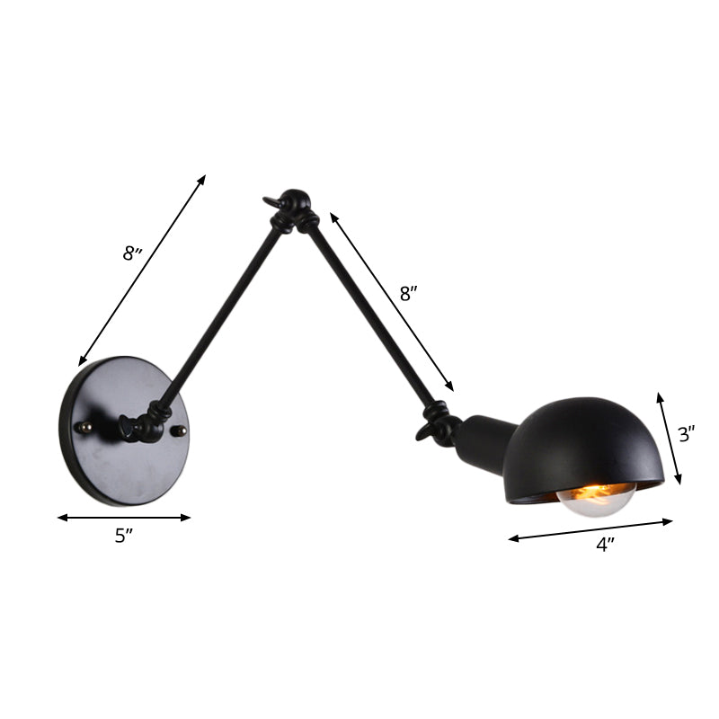 8"+8"/12"+12" W Retro Swing Arm Wall Mounted Lighting - Single-Bulb Iron Wall Lamp with Bowl Shade in Black