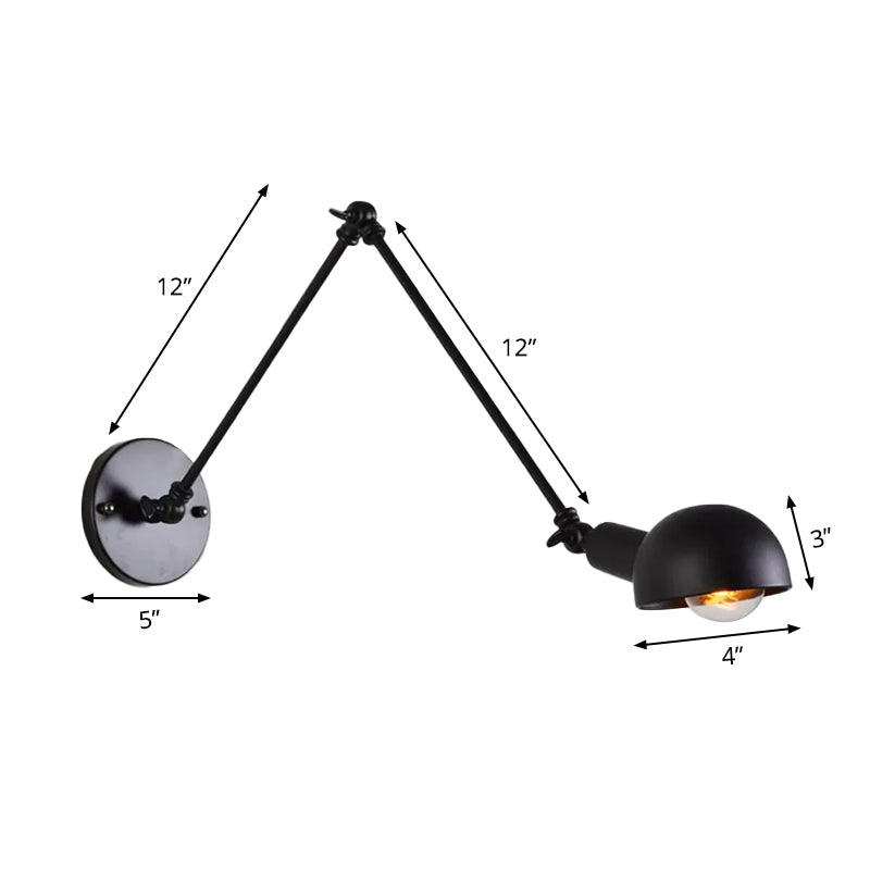 8"+8"/12"+12" W Retro Swing Arm Wall Mounted Lighting - Single-Bulb Iron Wall Lamp with Bowl Shade in Black
