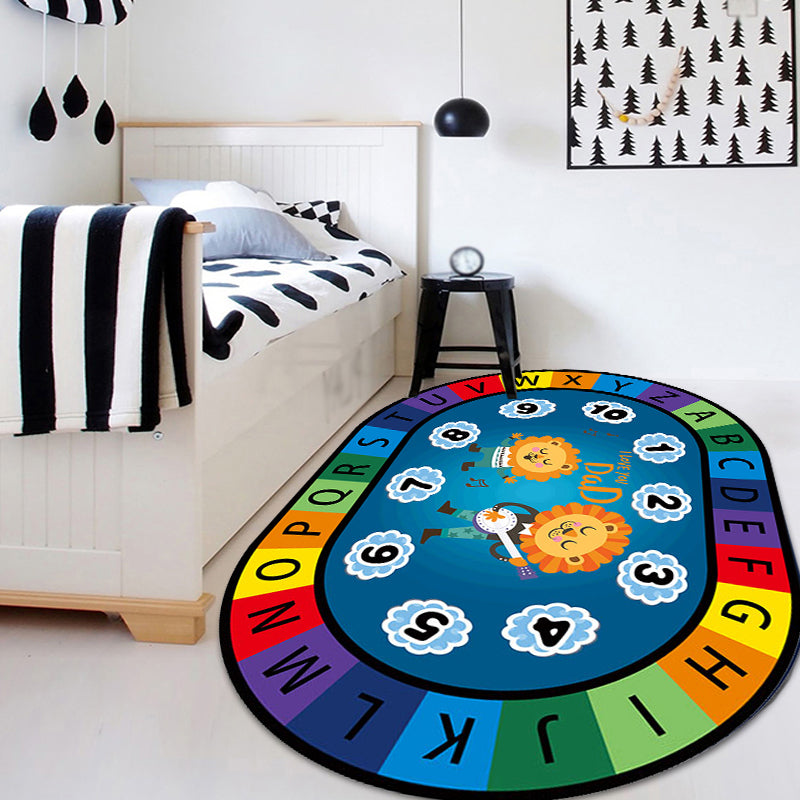 Multi-Colored Cartoon Carpet with Stylish Letters and Animal Design, Educational Synthetic Anti-Slip Rug for Kids' Room