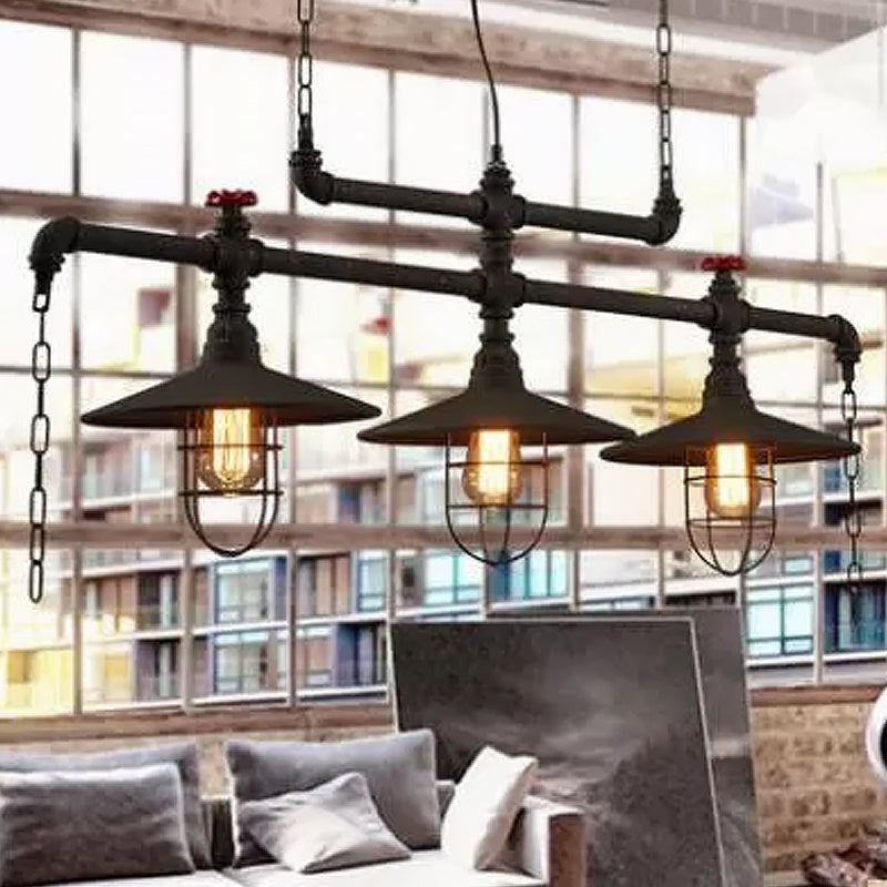 2/3 Heads Saucer Island Lighting Steampunk Black Iron Hanging Light Fixture with Cage and Chain Deco Clearhalo 'Ceiling Lights' 'Island Lights' Lighting' 1_29cd1db9-bce0-4611-8c49-cefe303b4669