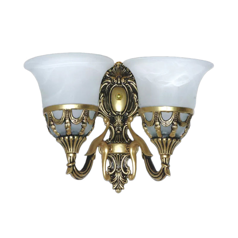 2-Light Traditional Corridor Wall Sconce with Bell Alabaster Glass Shade in Bronze Fixture