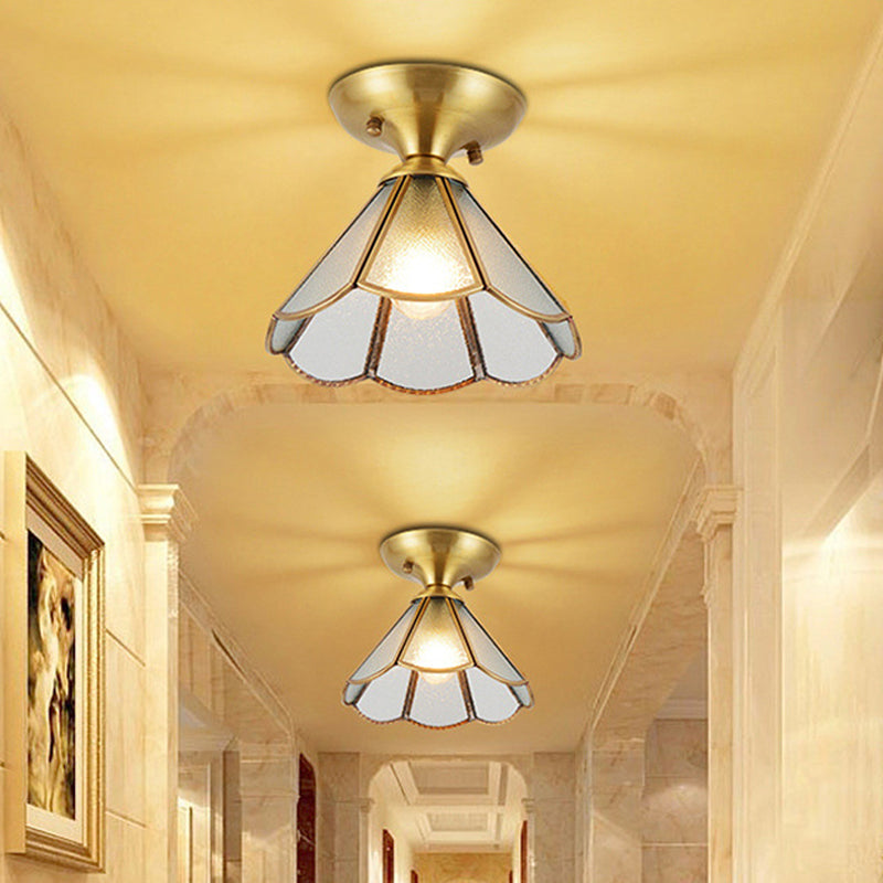 Taavita 1-Light Vintage Brass Cone Semi Flush Mount Close to Ceiling Light with Frosted White Glass for Corridor
