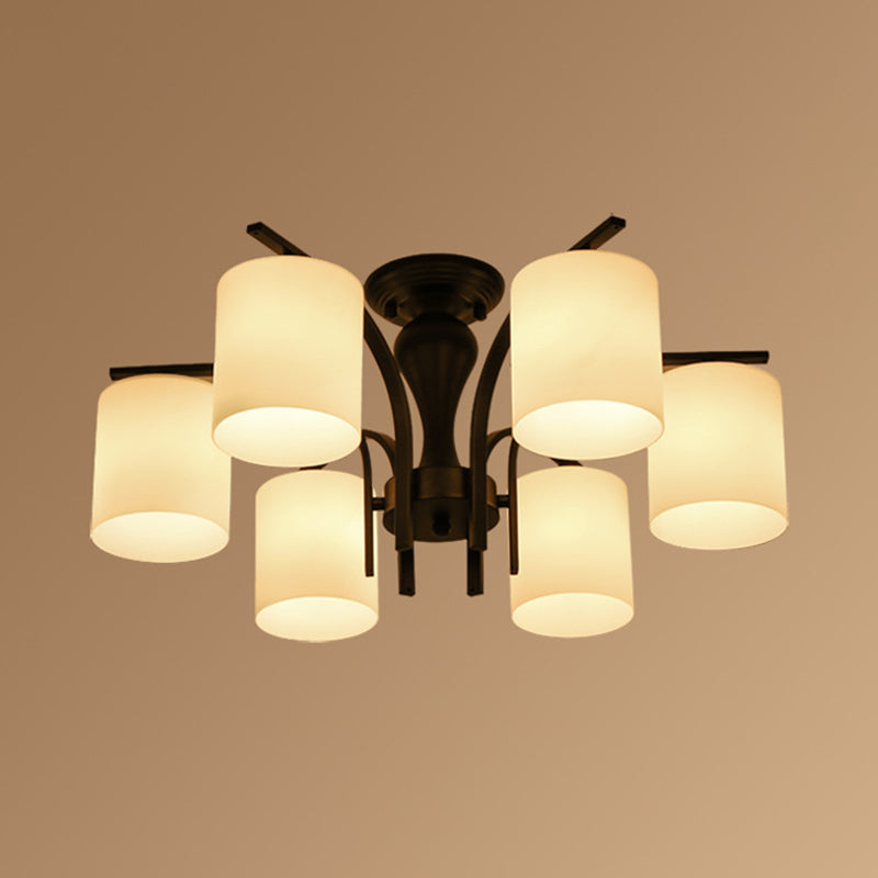 Vintage White Glass Cylinder Semi Mount Lighting 3/5/8-Light Flush Ceiling Light for Living Room in Black
