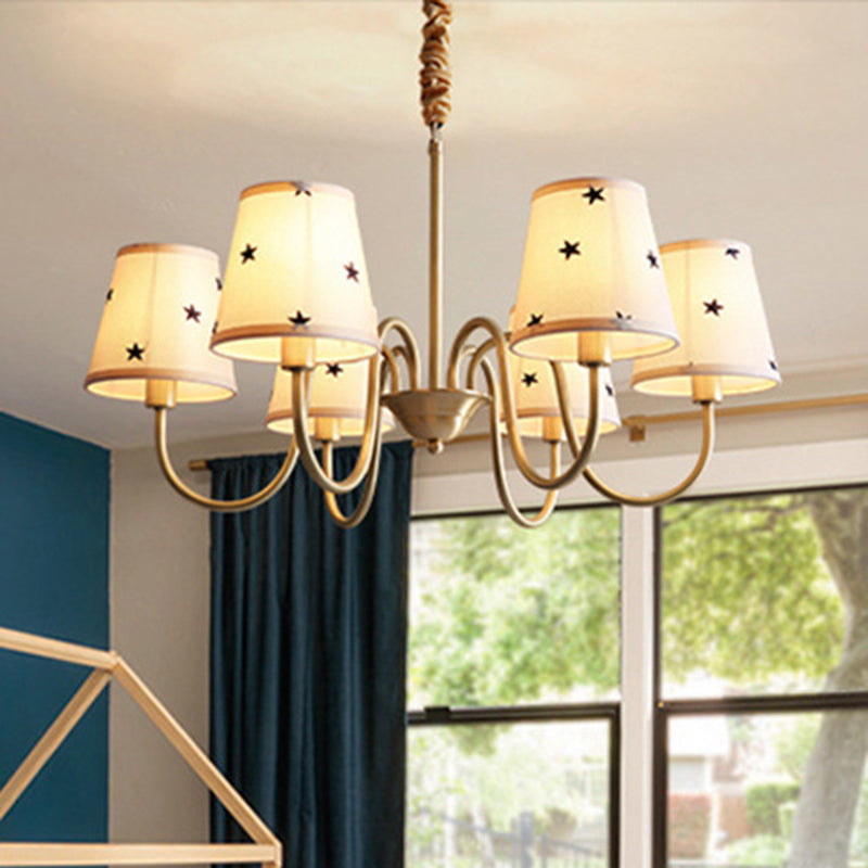 Star Patterned Fabric Conical Chandelier Rustic 3/5/6 Lights Bedroom Ceiling Hang Lamp in Gold Clearhalo 'Ceiling Lights' 'Chandeliers' Lighting' options 1983082