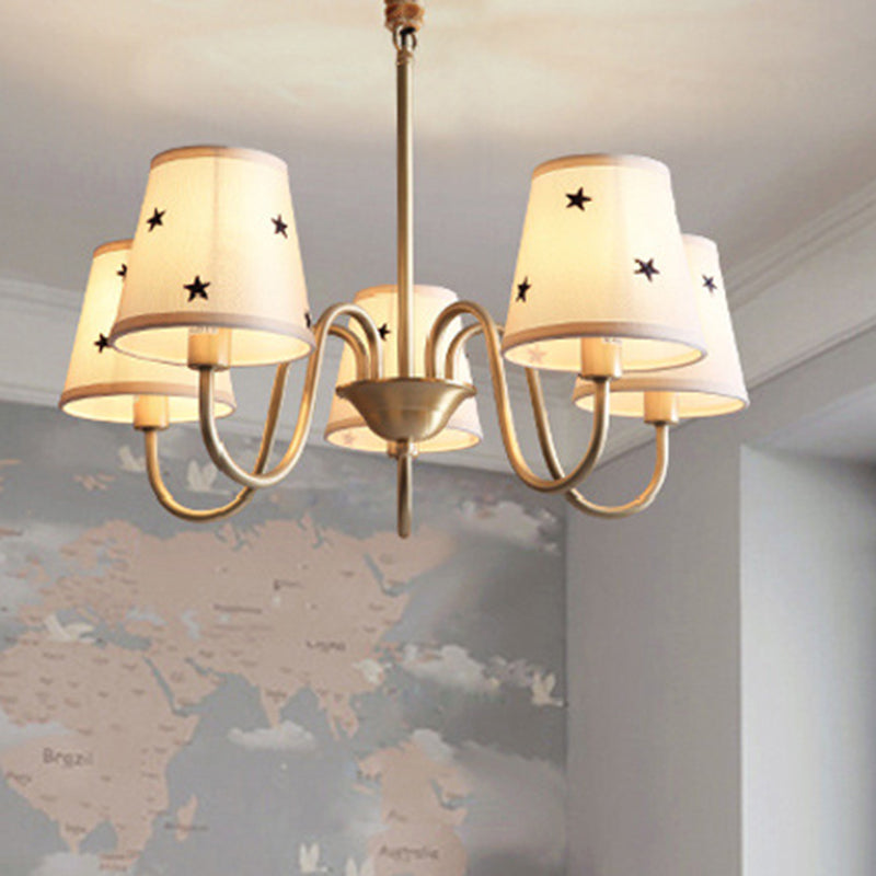 Star Patterned Fabric Conical Chandelier Rustic 3/5/6 Lights Bedroom Ceiling Hang Lamp in Gold Clearhalo 'Ceiling Lights' 'Chandeliers' Lighting' options 1983079