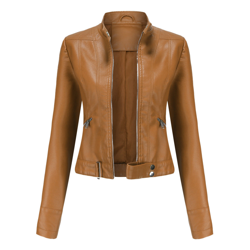 Women's Leather Moto Jacket | Cropped Biker Style | Faux Leather & Adjustable Waist Belt | Versatile Outerwear