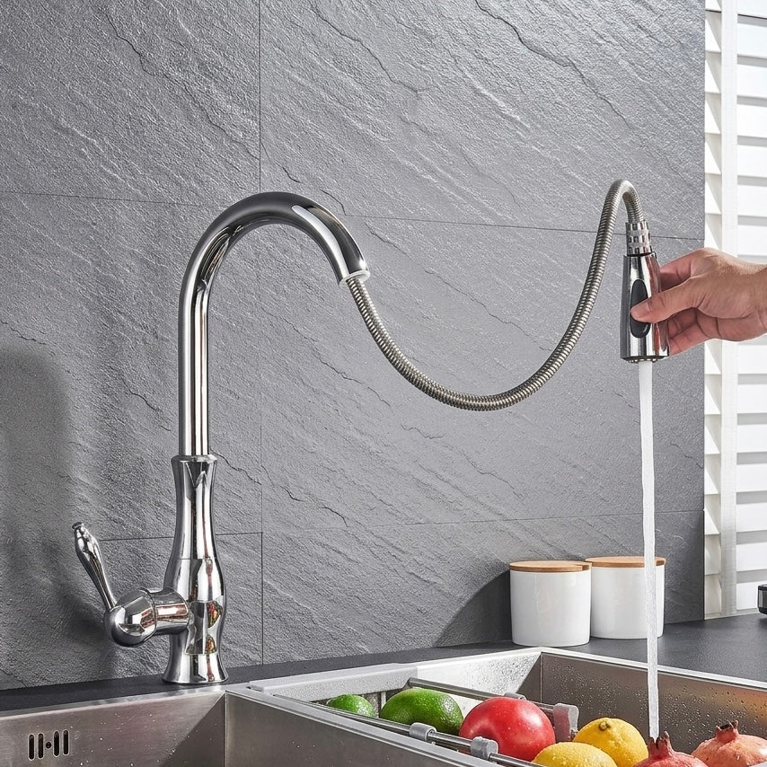 Pull-Out Spout Kitchen Faucet in Brass with Brushed Nickel, Black, Gold & Chrome Finishes