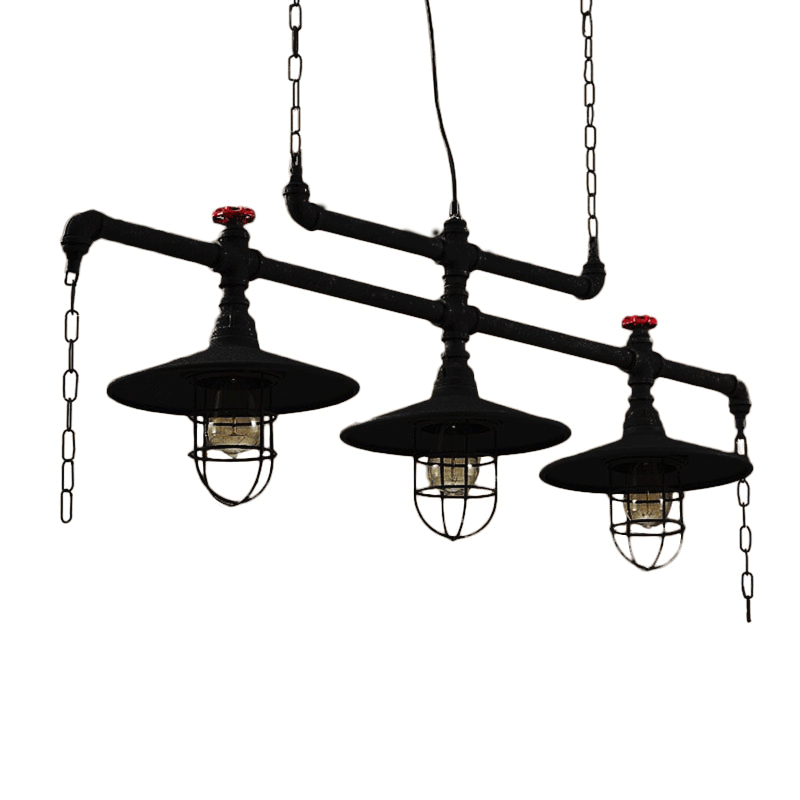2/3 Heads Black Iron Steampunk Island Lighting Fixture with Cage and Chain Decoration – Hanging Light 48.5" Width, Industrial Style, Metal, 3 Lights, E26/E27 Bulb Base