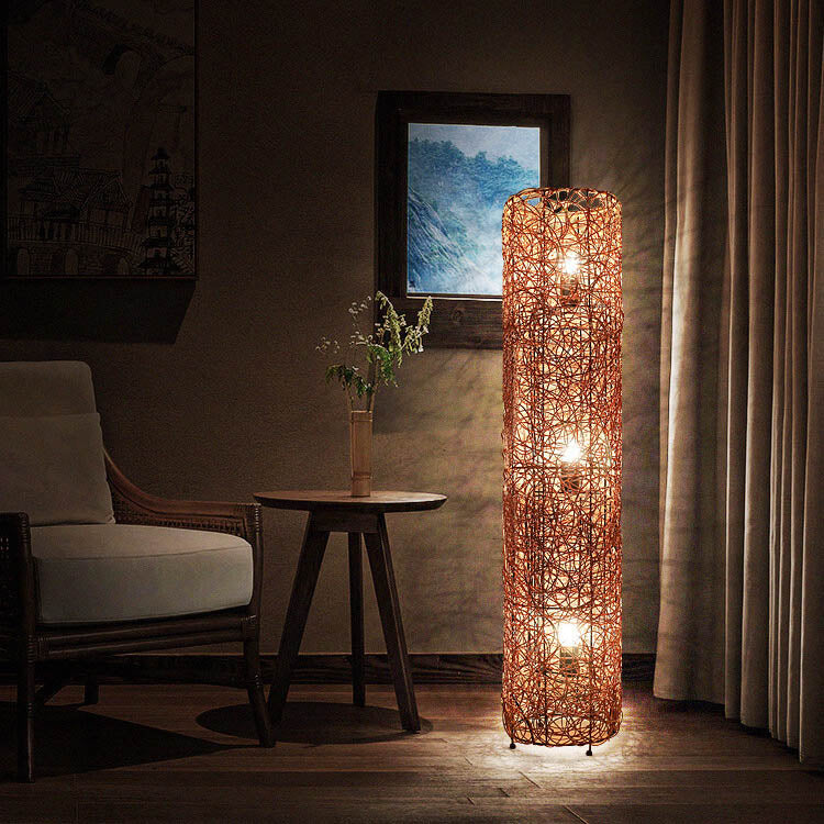 Taavita Minimalist 3-Light Floor Lamp made of Rattan in Column Design