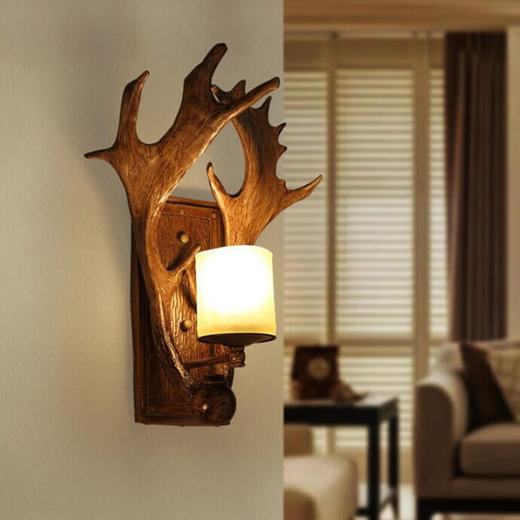 Taavita Antique Antler 1-Light Wall Lamp - Industrial Style Wall Light in Wood and White Finish
