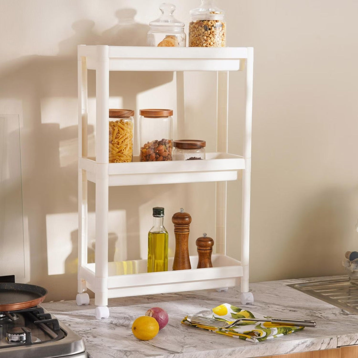 Slim Rolling Kitchen Organizer with Three Shelves, White