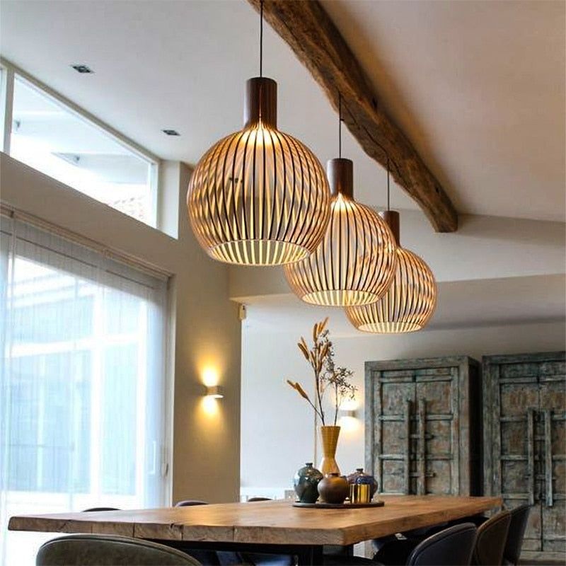 Handcrafted Wooden Pendant Light | Sustainable Wood Sphere Design | Adjustable Hanging Height | Warm Ambient Glow