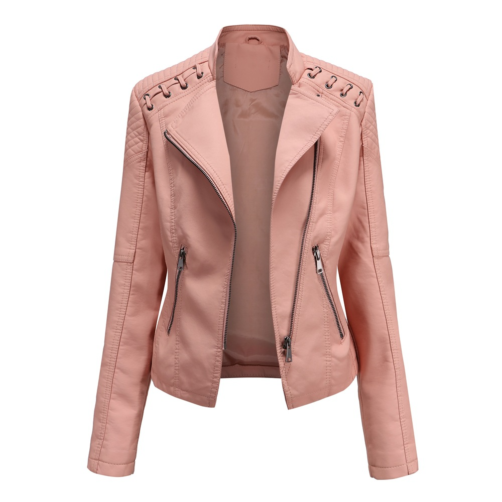 Women’s PU Leather Biker Jacket | Shoulder Lace-Up Detail | Asymmetric Zipper | Wind-Resistant Outerwear