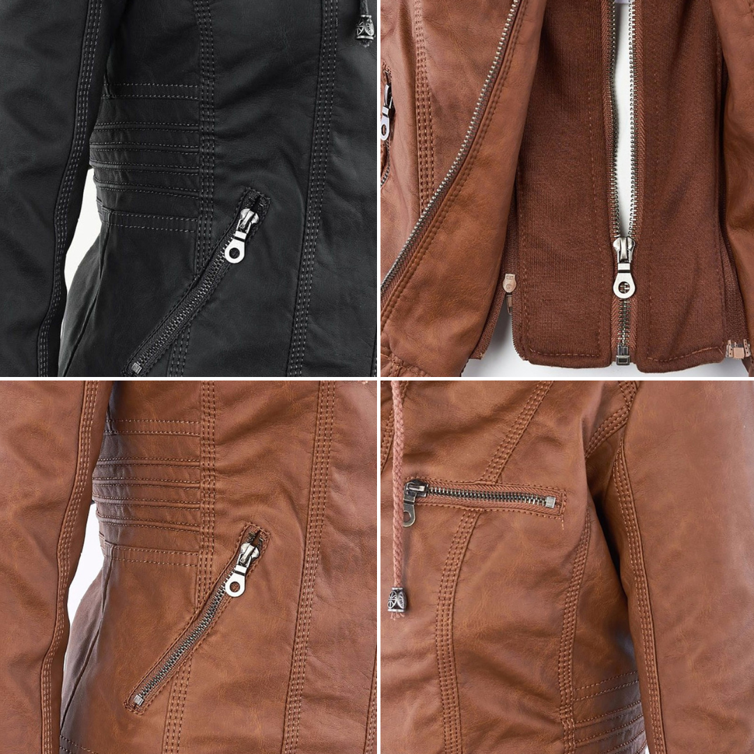 Women’s Weatherproof Leather Jacket | Detachable Hood & Zip Closure | Durable Polyester Fiber | Comfortable Fit