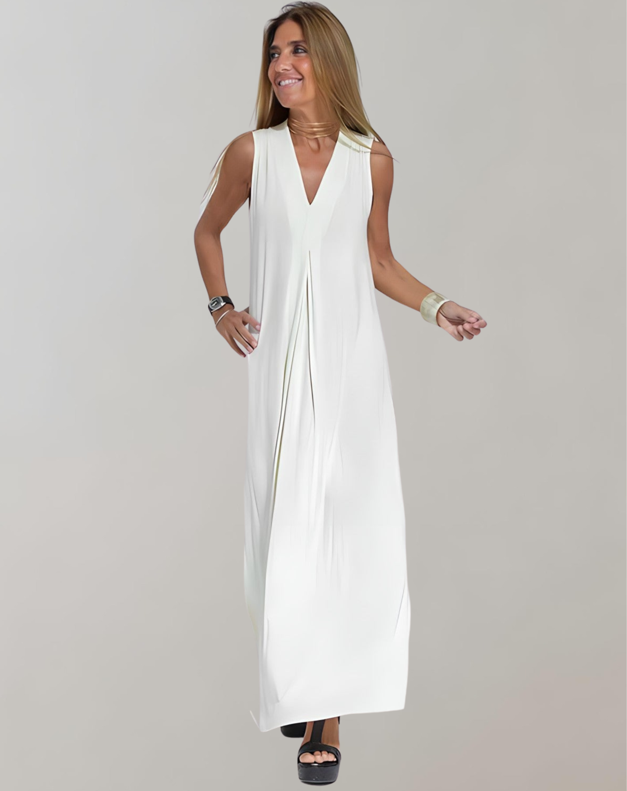 Women’s Maxi Dress | Slimming V-Neck with Draped Pleat | Breathable Cotton | Comfortable Fit